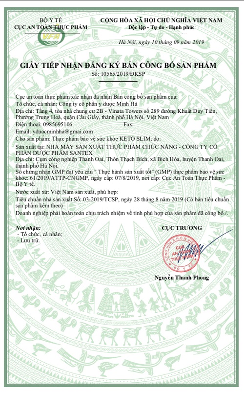 KETO SLIM ĐẠT CHUẨN GMP ĐƯỢC BỘ Y TẾ VÀ CỤC AN TOÀN THỰC PHẨM CẤP PHÉP